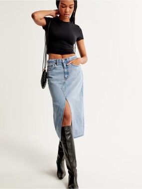 Abercrombie & Fitch High rise denim midi skirt Size 26 Front slit Jean skirt